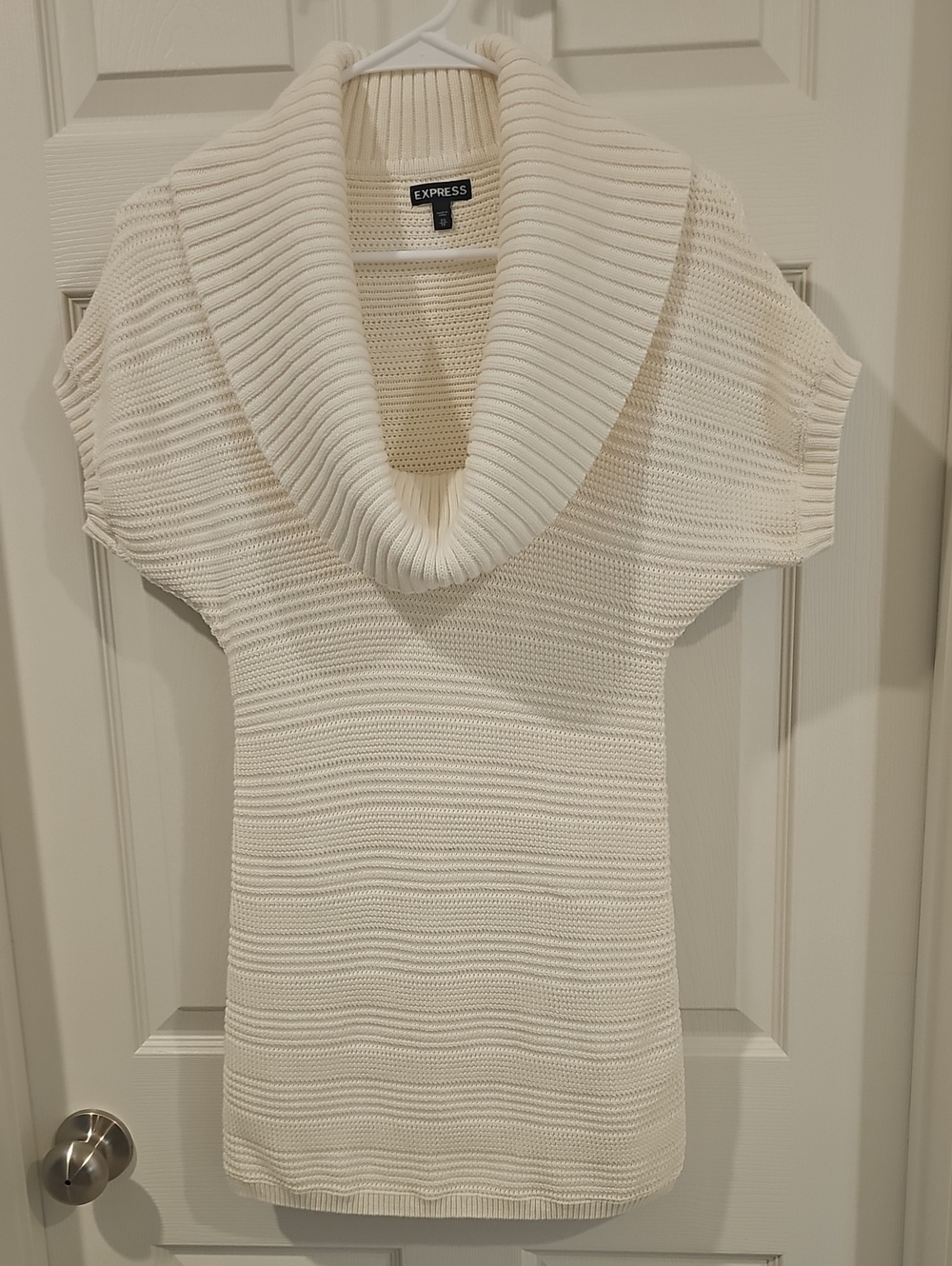 Express Cream Rib Knit S/S Cowl Neck Collar Sweater Tunic Dress